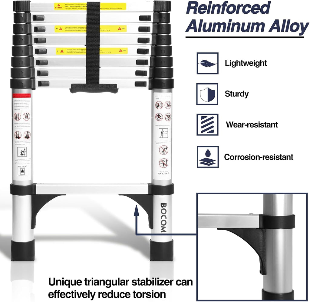 Lightweight, multi-functional, foldable aluminum telescopic ladder with two triangular stabilizers; maximum load capacity 330 lbs.