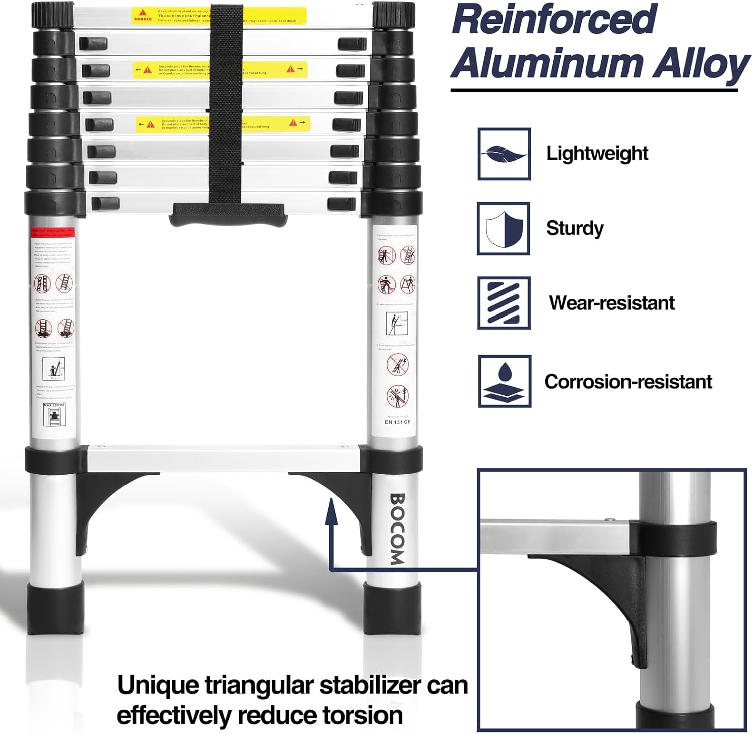 Lightweight, multi-functional, foldable aluminum telescopic ladder with two triangular stabilizers; maximum load capacity 330 lbs.