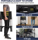 Lightweight, multi-functional, foldable aluminum telescopic ladder with two triangular stabilizers; maximum load capacity 330 lbs.