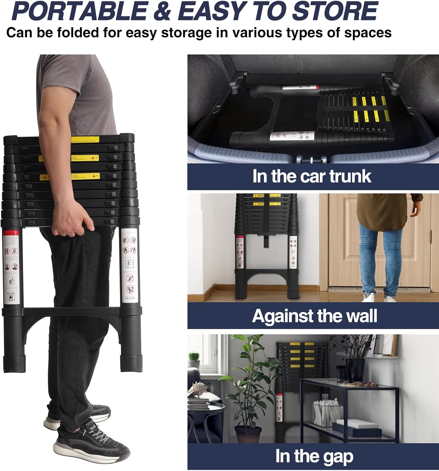 Lightweight, multi-functional, foldable aluminum telescopic ladder with two triangular stabilizers; maximum load capacity 330 lbs.