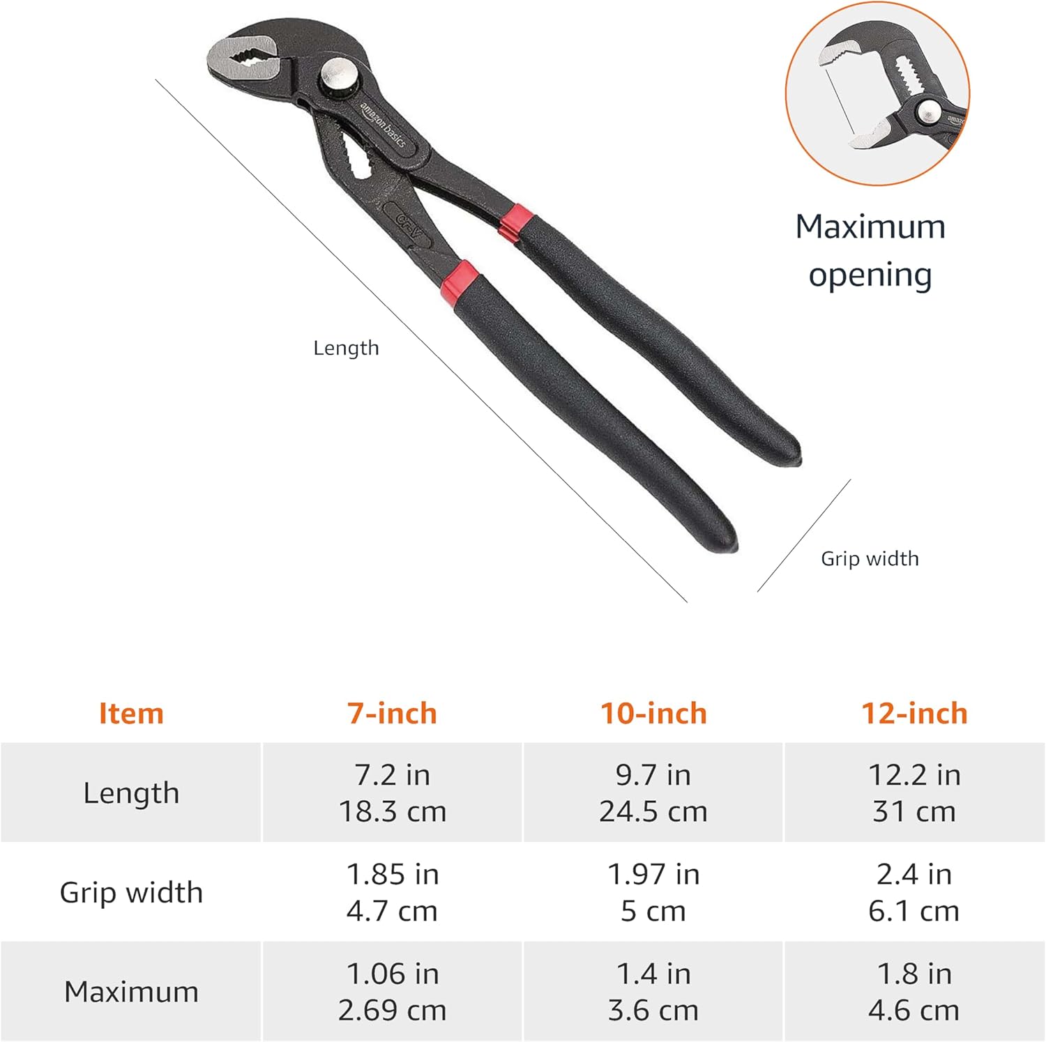 Basics 3-Piece Quick Release Groove Joint Pliers Set,Drop Forged Chrome Vanadium Steel with Comfortable Rubber Grip,Adjustable,7-inch,10-inch,and 12-inch,Black,(Pack of 12)