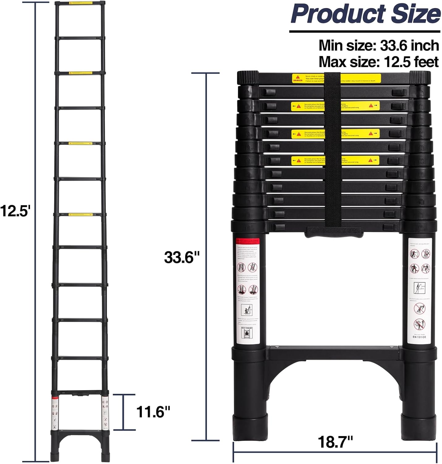 Lightweight, multi-functional, foldable aluminum telescopic ladder with two triangular stabilizers; maximum load capacity 330 lbs.