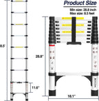 Lightweight, multi-functional, foldable aluminum telescopic ladder with two triangular stabilizers; maximum load capacity 330 lbs.