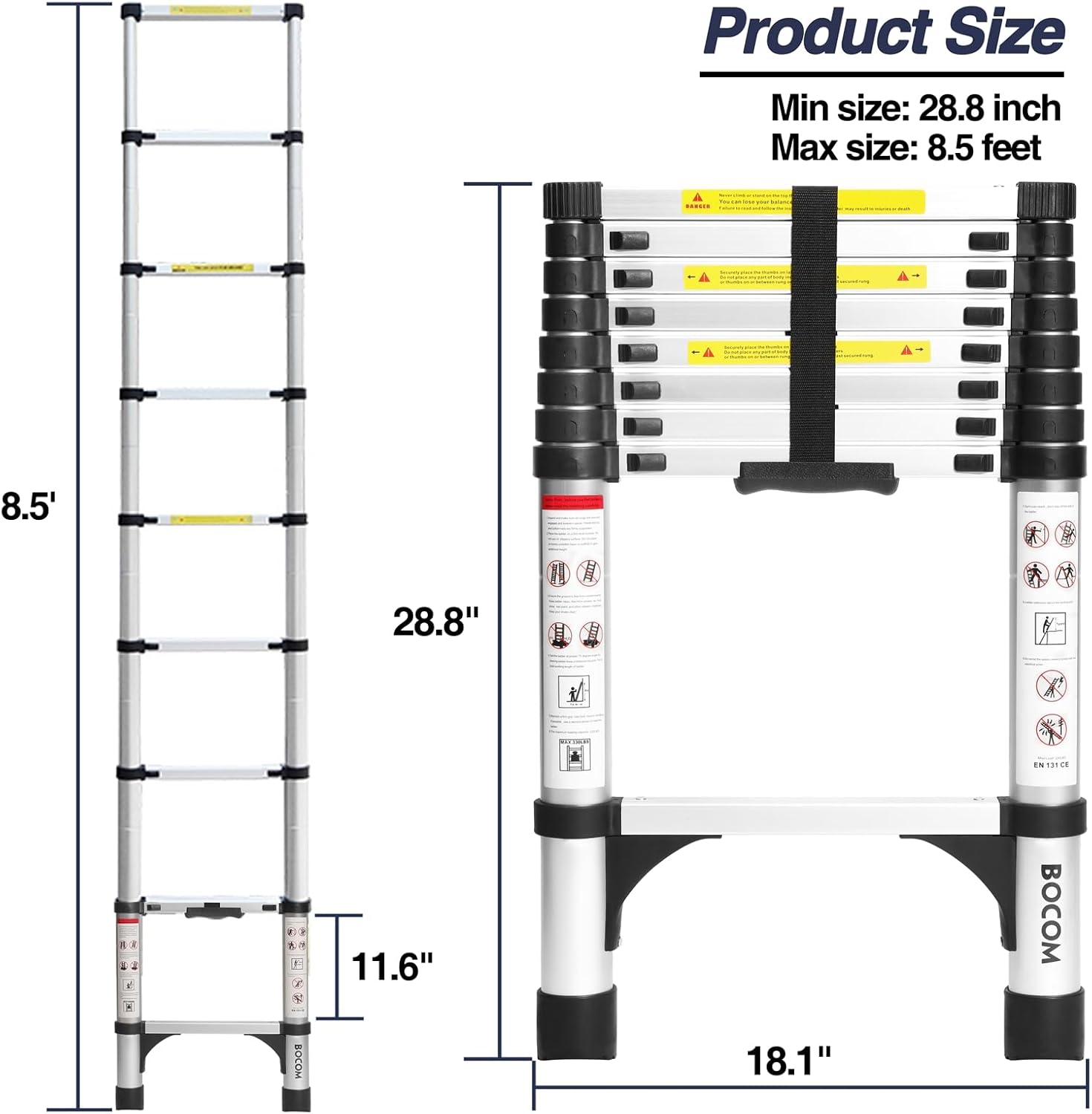Lightweight, multi-functional, foldable aluminum telescopic ladder with two triangular stabilizers; maximum load capacity 330 lbs.
