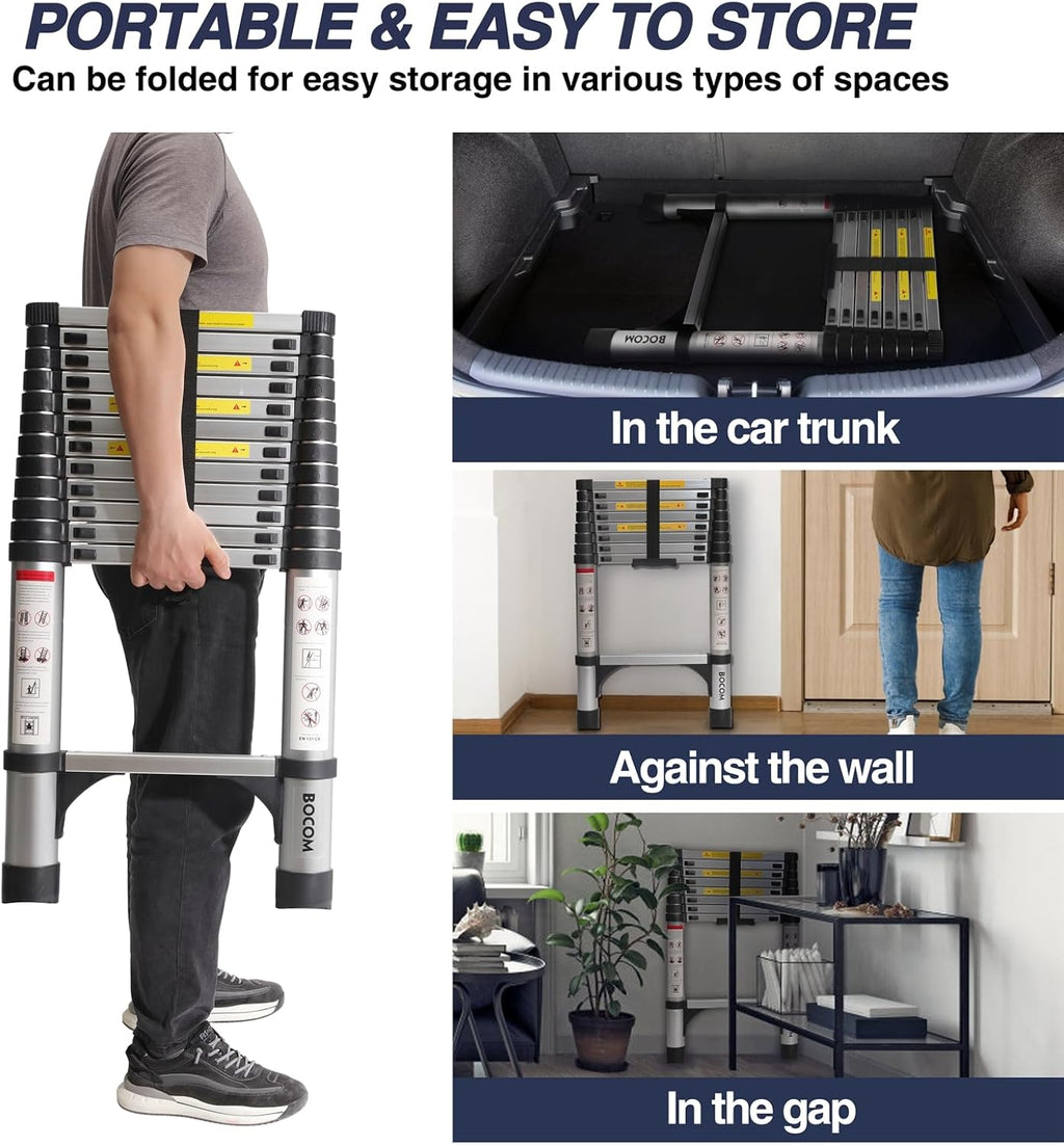 Lightweight, multi-functional, foldable aluminum telescopic ladder with two triangular stabilizers; maximum load capacity 330 lbs.