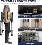 Lightweight, multi-functional, foldable aluminum telescopic ladder with two triangular stabilizers; maximum load capacity 330 lbs.