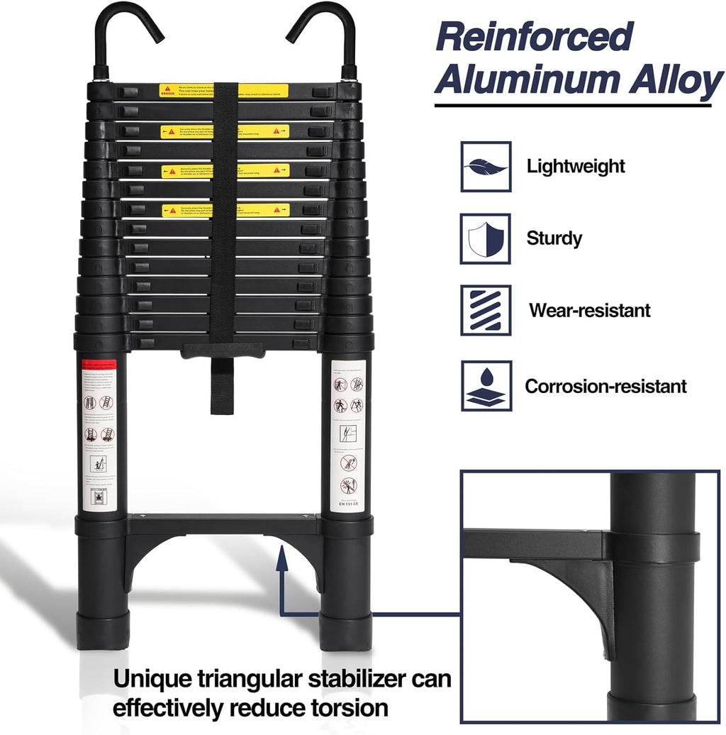 Lightweight, multi-functional, foldable aluminum telescopic ladder with two triangular stabilizers; maximum load capacity 330 lbs.