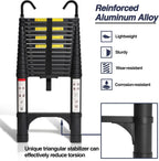 Lightweight, multi-functional, foldable aluminum telescopic ladder with two triangular stabilizers; maximum load capacity 330 lbs.