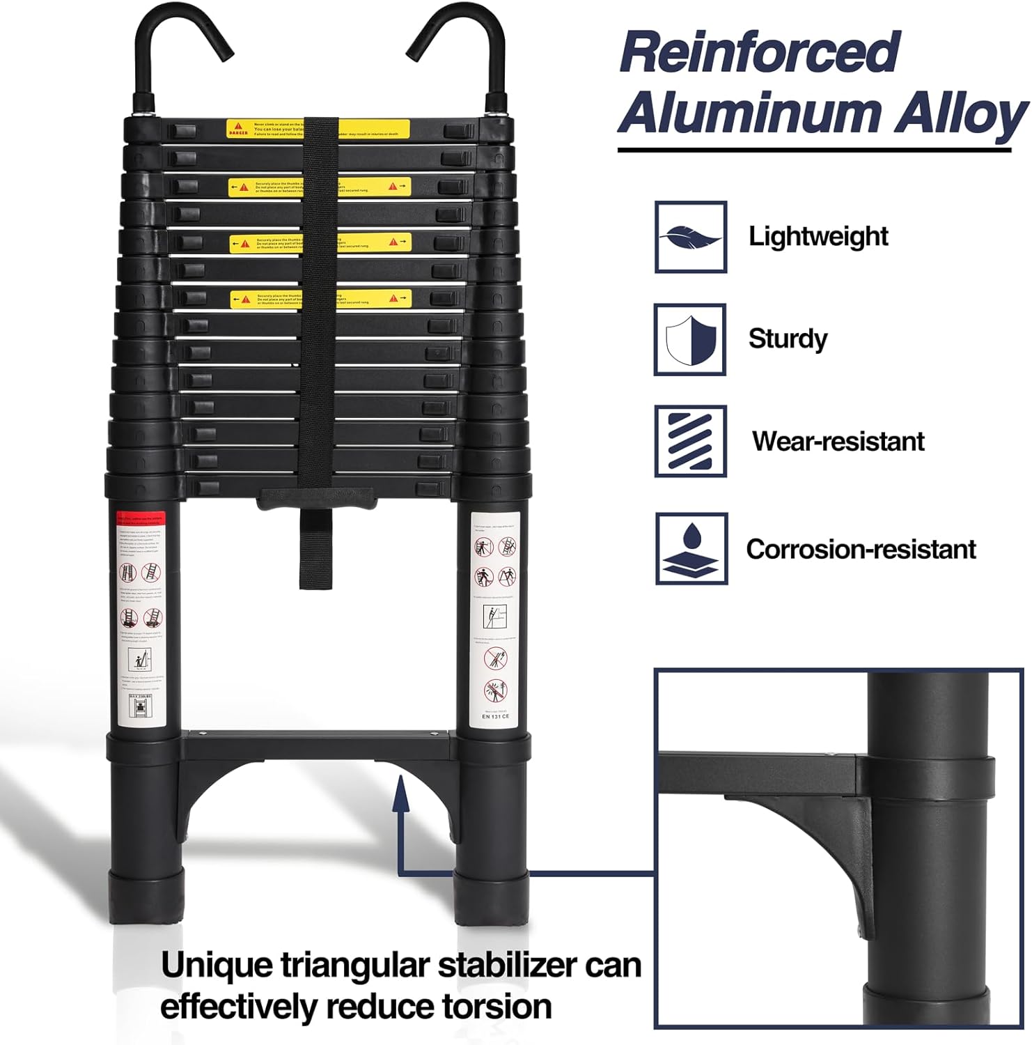 Lightweight, multi-functional, foldable aluminum telescopic ladder with two triangular stabilizers; maximum load capacity 330 lbs.