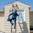 Lightweight, multi-functional, foldable aluminum telescopic ladder with two triangular stabilizers; maximum load capacity 330 lbs.