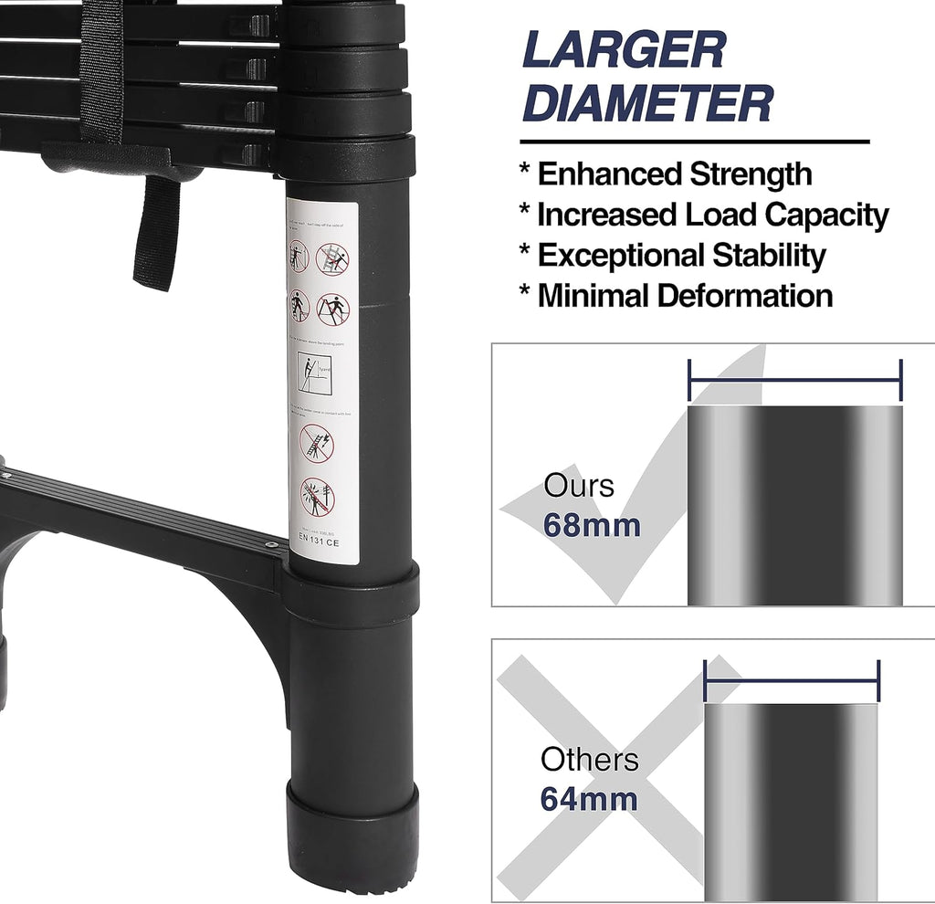 Lightweight, multi-functional, foldable aluminum telescopic ladder with two triangular stabilizers; maximum load capacity 330 lbs.