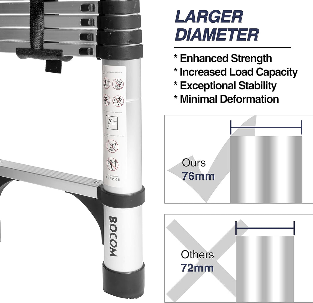Lightweight, multi-functional, foldable aluminum telescopic ladder with two triangular stabilizers; maximum load capacity 330 lbs.