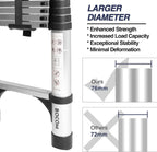 Lightweight, multi-functional, foldable aluminum telescopic ladder with two triangular stabilizers; maximum load capacity 330 lbs.
