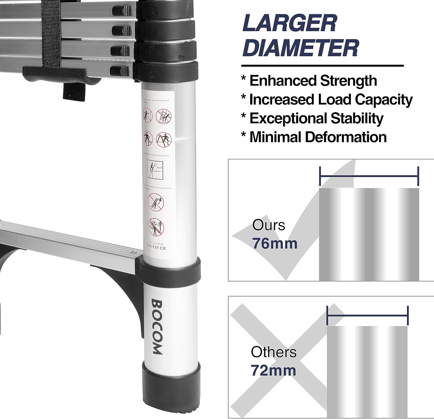 Lightweight, multi-functional, foldable aluminum telescopic ladder with two triangular stabilizers; maximum load capacity 330 lbs.