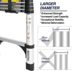 Lightweight, multi-functional, foldable aluminum telescopic ladder with two triangular stabilizers; maximum load capacity 330 lbs.