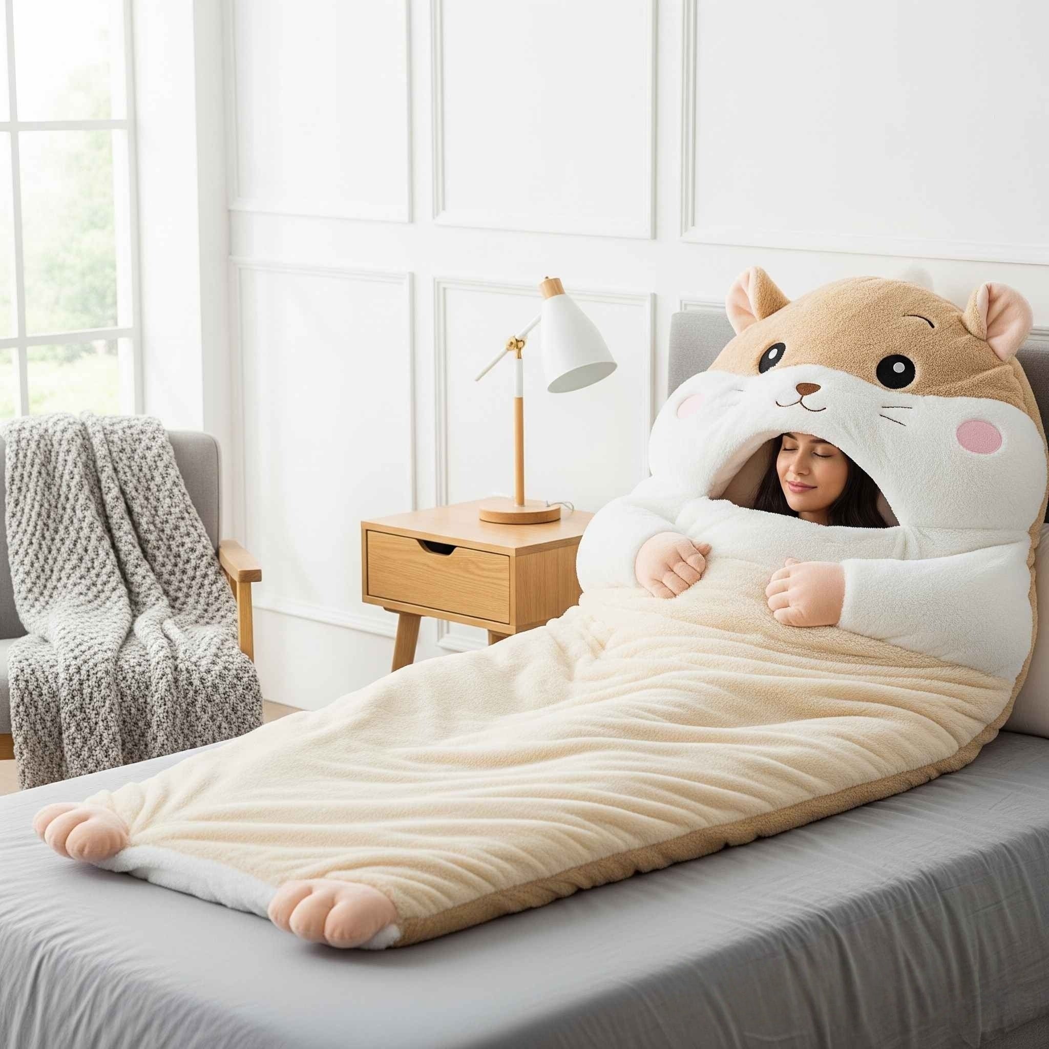 Fluffy Hamster Shaped Sleeping Bag to Snuggle Away Stress
